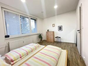 een slaapkamer met een bed met gestreepte kussens erop bij Krásný zrekonstruovaný byt 3+1 in Liberec