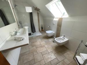 a bathroom with a sink and a toilet and a window at Haus am Oberen Eschenbacher Teich in Clausthal-Zellerfeld +29 photos