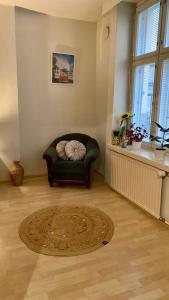 a living room with a green chair and a rug at Lovely apartment in the centre, street level and inner yard in Helsinki