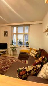 uma sala de estar com um sofá e uma janela em Lovely apartment in the centre, street level and inner yard em Helsinque