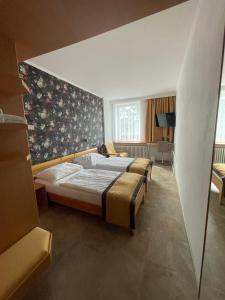 ein Schlafzimmer mit einem großen Bett in einem Zimmer in der Unterkunft Hotel Akademie a depandance Vila Jarmila in Velké Bílovice