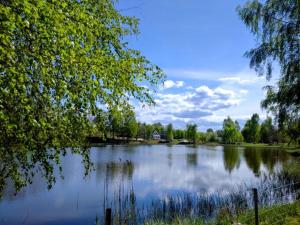 a large lake with trees and a sky at OSTOJA PAWIE OKO in Potęgowo