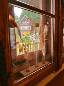 Una ventana con tres jarrones con flores. en Romantisches Wellness Chalet im steirischen Ursprung, 
