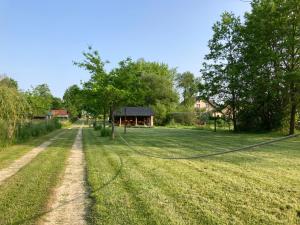 a field with a house in the distance at Leśne zacisze-pole namiotowe in Pisklaki