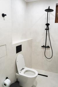 a bathroom with a white toilet and a black shower at Dion Apartments in Lozenets