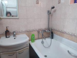 a bathroom with a shower next to a sink and a tub at Vila Tatiana aeroport Chisinau аэропорт Кишинёв in Bîc