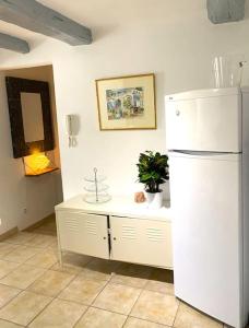 een keuken met een witte koelkast en een tafel bij Joli T2 Jardin, entre mer/verdon in Salernes