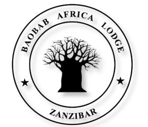 Ein schwarzer Baum im Kreis mit den Worten "Grand Afrrica Lodge" Mosambia in der Unterkunft Baobab Africa Lodge Zanzibar in Mtende