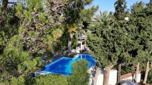 an overhead view of a swimming pool surrounded by trees at Oasis Apartments & Rooms in Plakias
