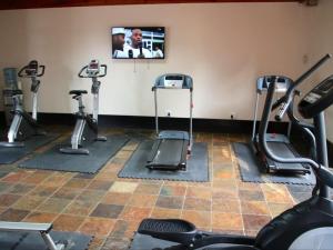 a gym with cardio machines and a flat screen tv at Blue Zone Leisure at Pine Lake Inn Resort in White River