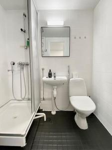 een badkamer met een toilet, een wastafel en een douche bij Aava's apt. FREE Parking in Pori