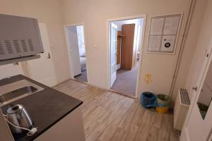 een keuken met een aanrecht en een hal bij Comfortable apartment sleeps 6 in Praag