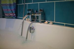 un bagno con doccia, lavandino e specchio di Tamarisk Cabin a Bude