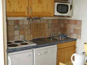 kuchnia ze zlewem, kuchenką i kuchenką mikrofalową w obiekcie 2 pièces cabine, pied des pistes, 5 pers, balcon - FR-1-557-69 w mieście Les Adrets