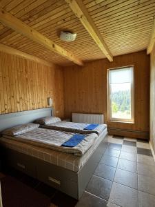 sypialnia z 2 łóżkami w pokoju z oknem w obiekcie Котеджі Зоряне Небо w mieście Bukowel