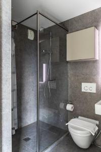 a bathroom with a glass shower with a toilet at Villa Nicolette sleeps 8 in Menaggio