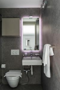 a bathroom with a sink and a toilet and a mirror at Villa Nicolette sleeps 8 in Menaggio
