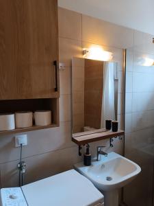 bagno con lavandino e specchio di Niki Apartments Beach Loft a Platamonas