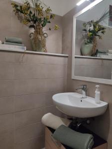 uma casa de banho com um lavatório e um espelho em La Casetta di Gio' con Parcheggio em Lerici