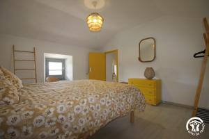 Schlafzimmer mit einem Bett, einer Kommode und einem Spiegel in der Unterkunft Gîte Aussos 