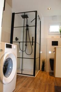 a glass shower door in a laundry room with a washing machine at Hausboot Wangermeer Nordsonne12 mit Sauna in Wangerland