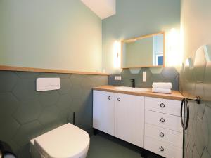 W łazience znajduje się toaleta, umywalka i lustro. w obiekcie Seebrücke Heringsdorf - Appartement mit 2 Schlafzimmern und Terrasse S17 w mieście Heringsdorf