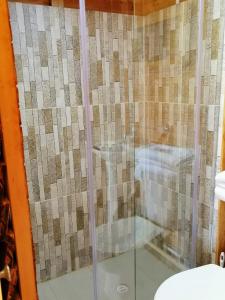 y baño con ducha y puerta de cristal. en Cabañas Guatavita, en Guatavita