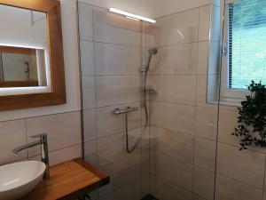 uma casa de banho com um chuveiro e um lavatório. em Ferienhaus Tauernblick em Sankt Veit im Pongau
