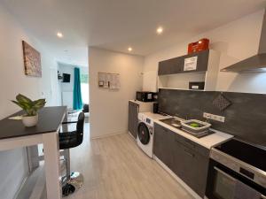 Dapur atau dapur kecil di Moderne und helle 1-Zimmer-Wohnung für Feriengäste, Monteure und beruflich Reisende LS15 Single