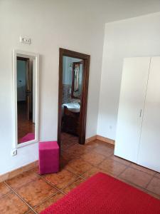 um quarto com um espelho e um tapete vermelho em Cortijo Puente Alhama em Alhama de Granada
