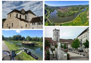 un groupe de quatre photos d'une église et d'une rivière dans l'établissement Appartement meublé Duplex T3., à Baume-les-Dames