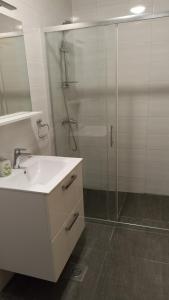 La salle de bains est pourvue d'un lavabo et d'une douche en verre. dans l'établissement Apartmani URANIJA, à Sveti Filip i Jakov
