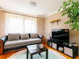 sala de estar con sofá de cuero negro y TV en Holiday Home Duetto by Interhome, en Balatonszemes