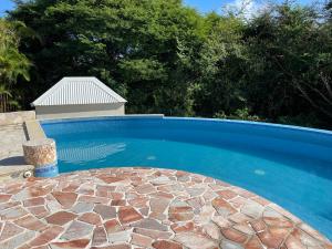 a blue swimming pool with a stone floor and trees at Pitaya - T3 cosy en duplex avec cuve in Saint-François