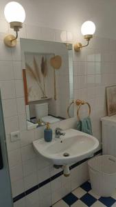 La salle de bains est pourvue d'un lavabo et d'un miroir. dans l'établissement Maison de ville calme, à La Roche-sur-Yon