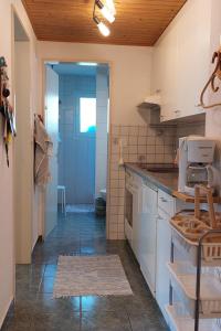 ツヴァイジンメンにあるApartment Daheim by Interhomeの白いキャビネットと青いドア付きのキッチン