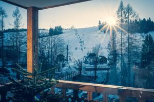 Blick auf einen schneebedeckten Berg aus dem Fenster in der Unterkunft Biały Miś in Jaworki
