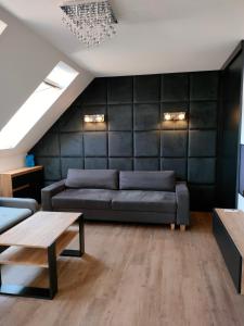 uma sala de estar com um sofá e uma mesa em Aster Aparts Wyspa Sobieszewska em Gdansk