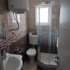 ein Bad mit einem WC, einem Waschbecken und einer Dusche in der Unterkunft Sofia's Apartments in Biograd na Moru