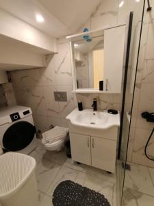 フェティエにあるVilla Defneのバスルーム(洗面台、トイレ、鏡付)