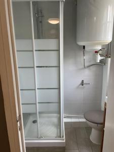 Un baño con inodoro y ducha de cristal. en Studio Montsouris, en París