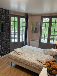 a bedroom with a bed and two windows at Studio Montsouris in Paris