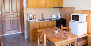 A kitchen or kitchenette at La Petri Studios with Fireplace & View