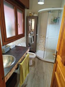een badkamer met een douche, een wastafel en een toilet bij Casa roja in Marrón