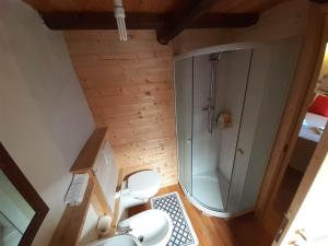uma vista sobre uma casa de banho com um chuveiro e um WC em La Casa Torre em Pignone