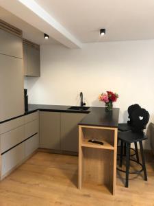 a kitchen with a counter and a sink and a table at Linderhof in Natz-Schabs