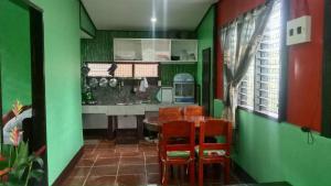 eine Küche mit grünen Wänden sowie einem Tisch und Stühlen in der Unterkunft Charity Pension House in San Vicente