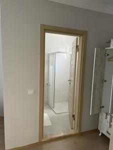 a bathroom with a shower and a glass door at Villa DIEMEN in Uzumlu