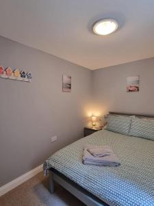 a bedroom with a bed with a blue blanket on it at The Cottage @ St Margarets in Ryde