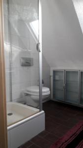 a bathroom with a toilet and a sink and a tub at Ferienwohnung Bänsch in Weischlitz